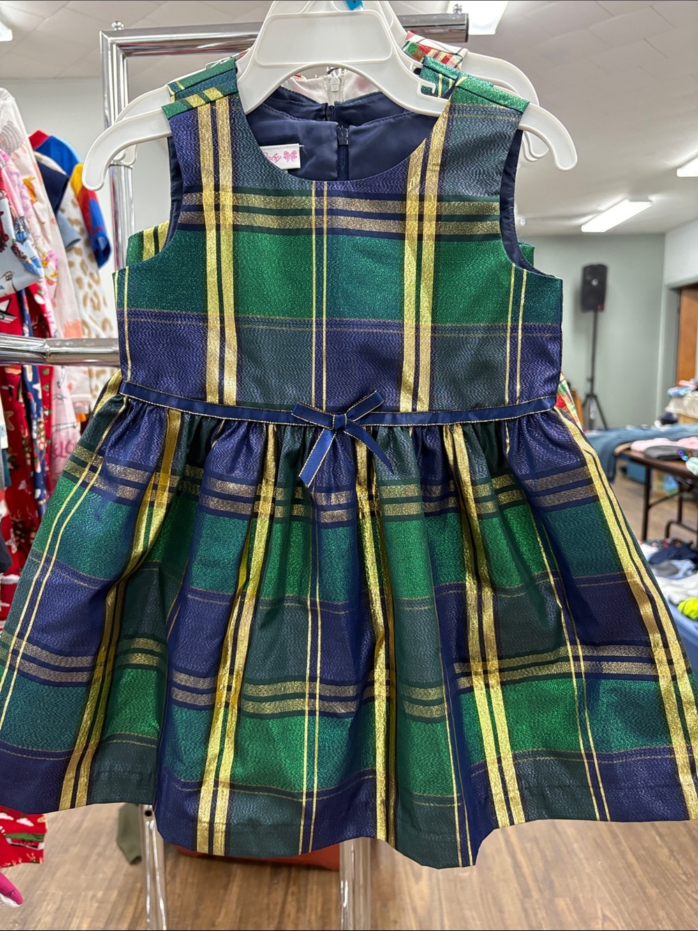 Bonnie Jean Green, Navy & Gold Plaid Holiday Dress for Girls